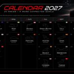 F1 2027 Calendar Template - dark-themed 24-race season schedule with circuit maps, flags, and red column headers