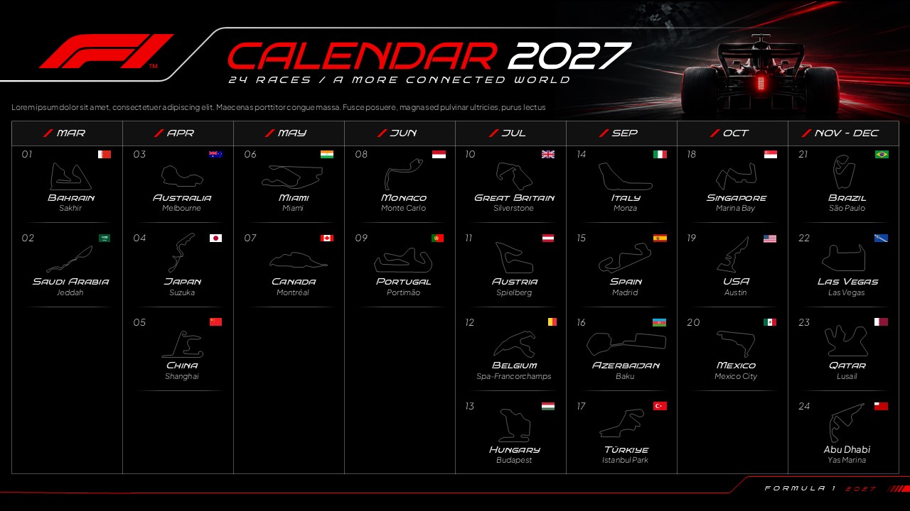 F1 2027 Calendar Template - dark-themed 24-race season schedule with circuit maps, flags, and red column headers