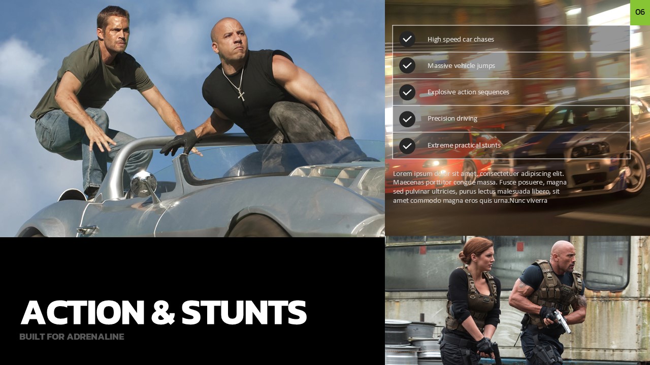 Fast and Furious Template - Action and stunts slide with dual cinematic photos and five-item highlights checklist
