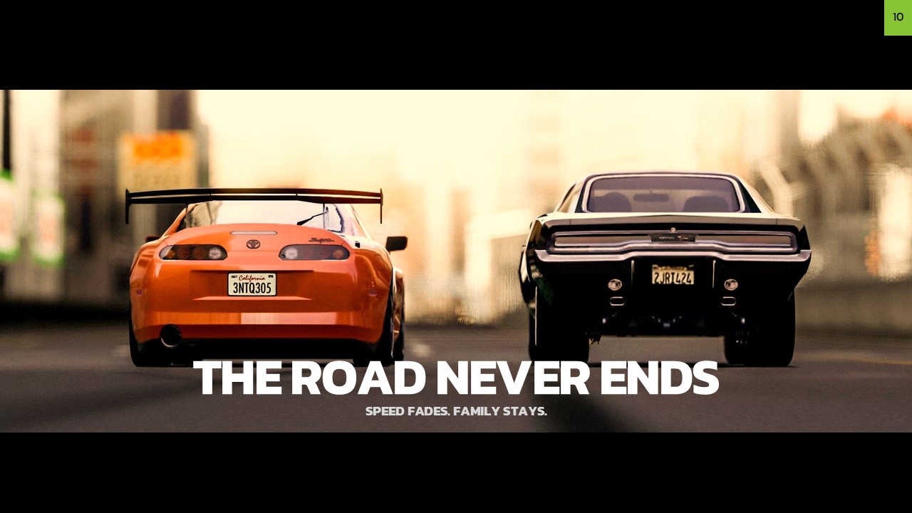Fast and Furious Template - Cinematic closing slide with two iconic cars, bold heading, and dramatic tagline