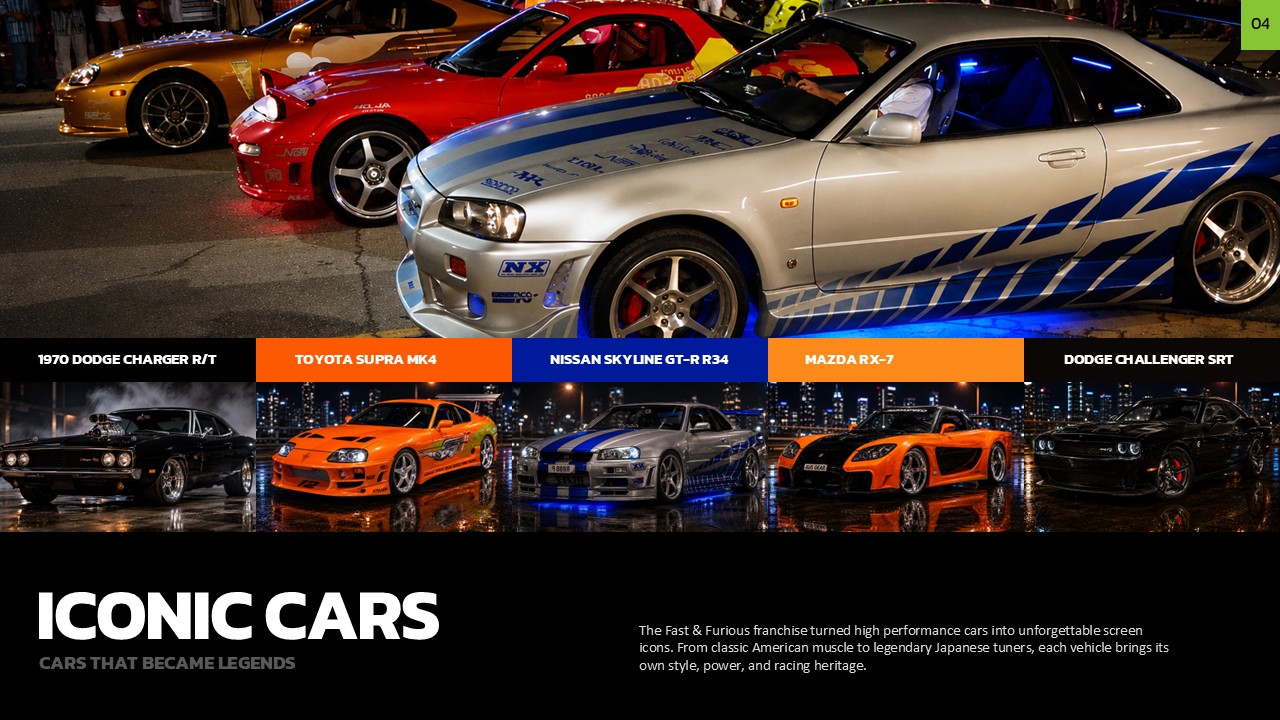 Fast and Furious Template - Iconic cars showcase slide with tabbed labels, vehicle gallery, and cinematic night photo