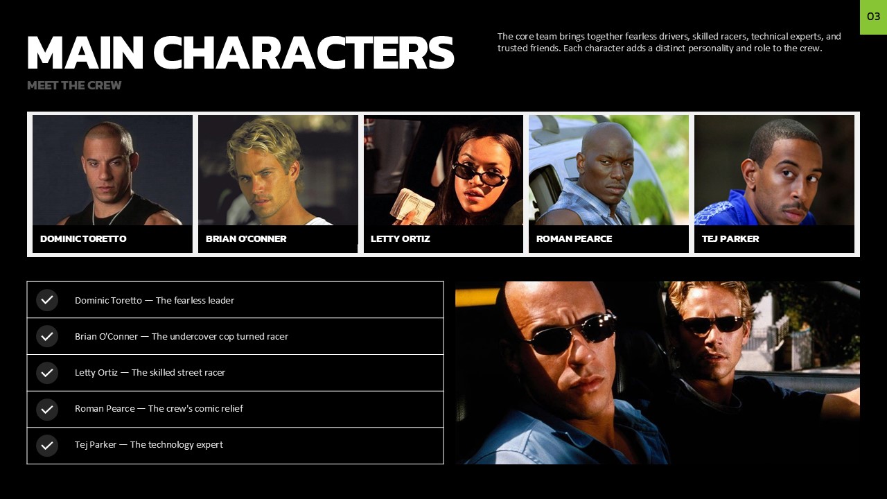 Fast and Furious Template - Main characters slide with portrait cards, crew checklist, and cinematic cast photo