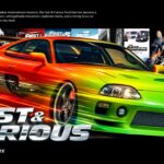Fast and Furious Template - Cinematic cover slide with orange sports car, movie poster strip, and chrome franchise logo