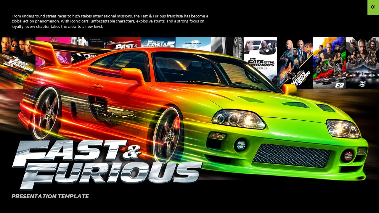 Fast and Furious Template - Cinematic cover slide with orange sports car, movie poster strip, and chrome franchise logo