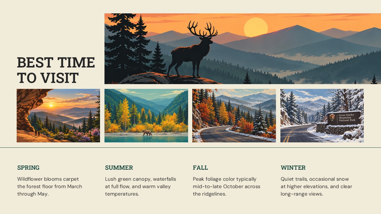 Great Smoky Mountains Best Time to Visit Template – seasonal guide with elk sunset banner and four teal-labeled spring-to-winter content blocks