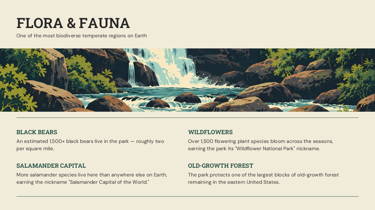 Great Smoky Mountains Flora & Fauna Template – biodiversity fact grid with waterfall banner highlighting bears, wildflowers, and old-growth forest