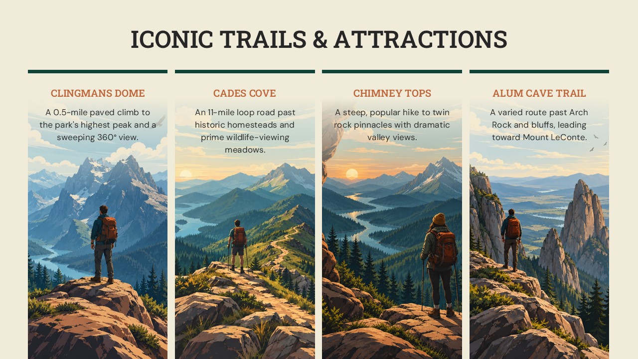 Great Smoky Mountains Iconic Trails & Attractions Template – four illustrated vertical cards showcasing Clingmans Dome, Cades Cove, and more