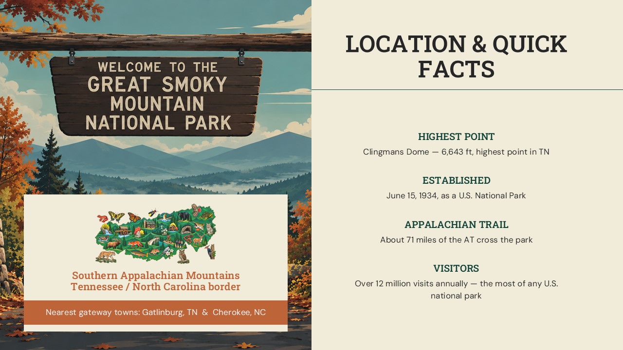 Great Smoky Mountains Location & Quick Facts Template – autumn park entrance illustration beside four stacked terracotta-labeled fact blocks