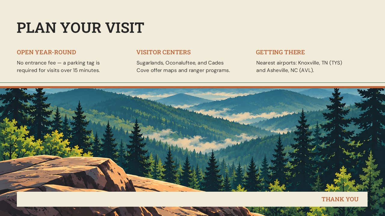 Great Smoky Mountains Plan Your Visit Template – three visitor info columns above a serene misty forest panorama with a terracotta thank-you sign-off