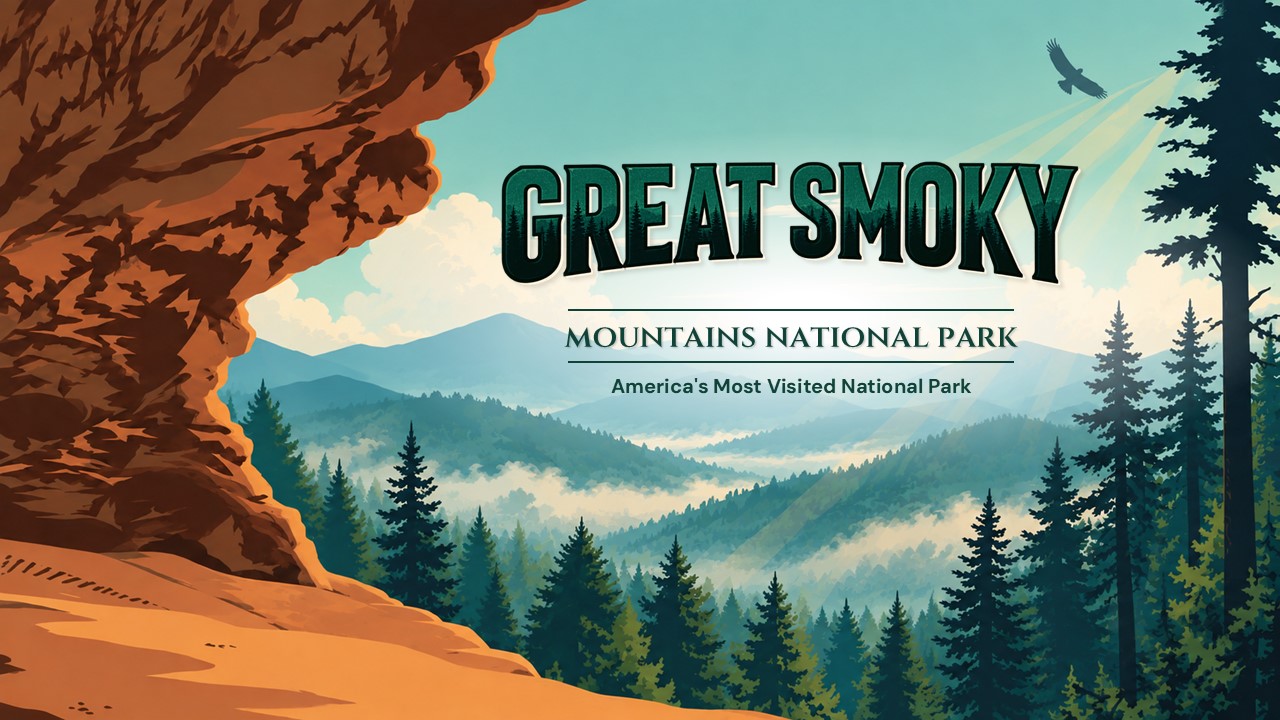 Great Smoky Mountains National Park Template – vintage WPA-style cover with terracotta cliffs, teal sky, and bold forest-green title