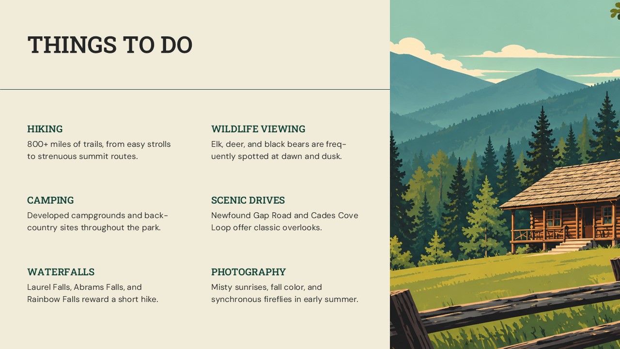 Great Smoky Mountains Things To Do Template – six activity blocks covering hiking, wildlife, camping, and waterfalls beside a cabin forest illustration