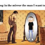 Gucci Morty Meme Template - Vintage mirror visualization meme slide with retro illustration and Gucci Morty reflection