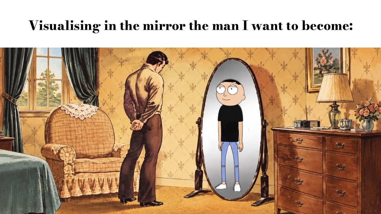Gucci Morty Meme Template - Vintage mirror visualization meme slide with retro illustration and Gucci Morty reflection