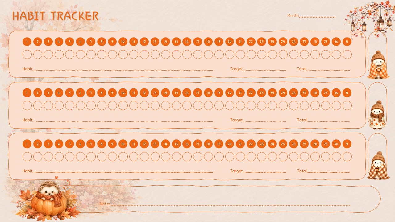 Habit Tracker Goal Setting Template - Autumn-themed three-panel tracker with Target and Total fields per habit