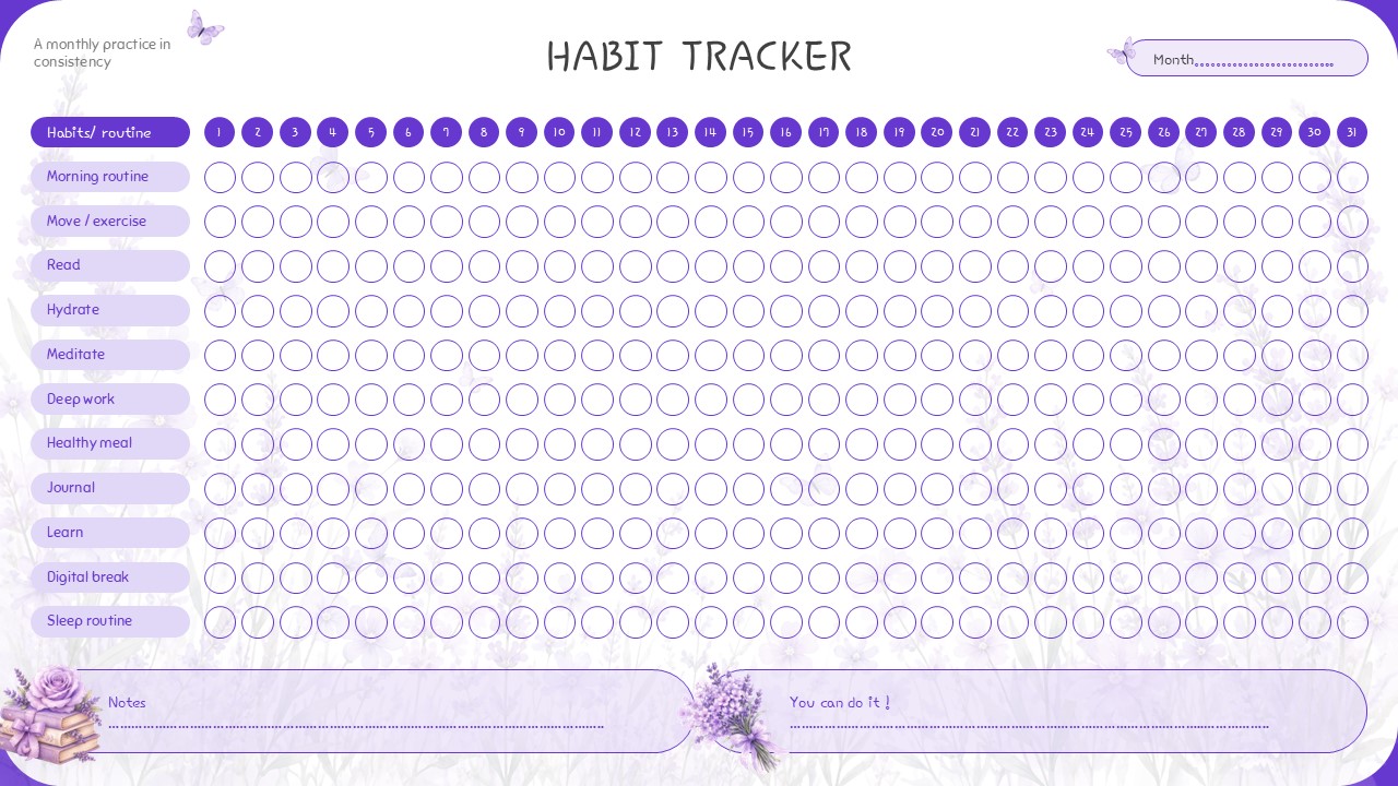 Habit Tracker Google Slides Template - Elegant lavender wellness planner with circle checkoffs and botanical watercolor art