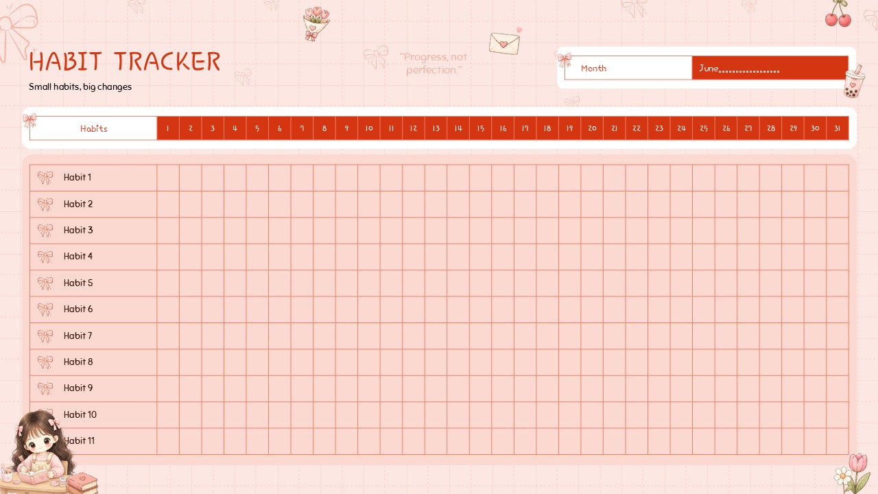 Habit Tracker Template - Kawaii-style pink monthly grid with anime character, bows, and 31-day checkoff rows