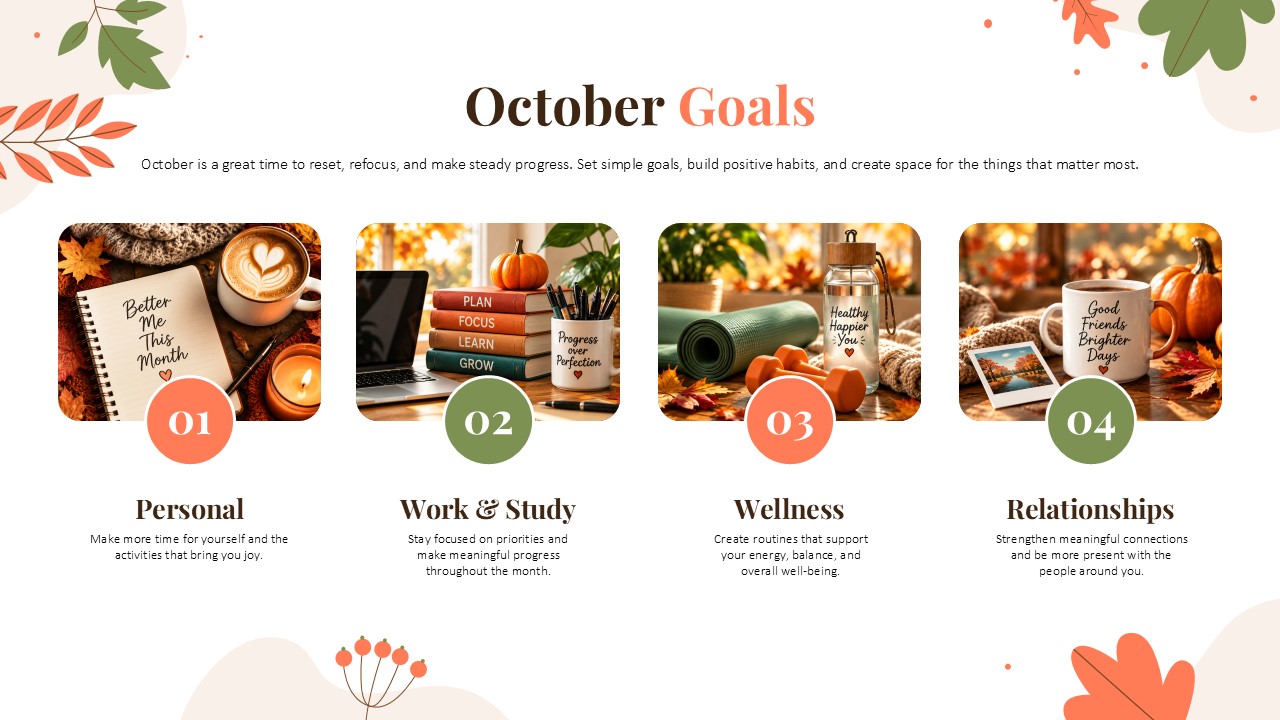 Hello October Cozy Moments Template - Two-point lifestyle slide with warm autumn photography and editorial layout