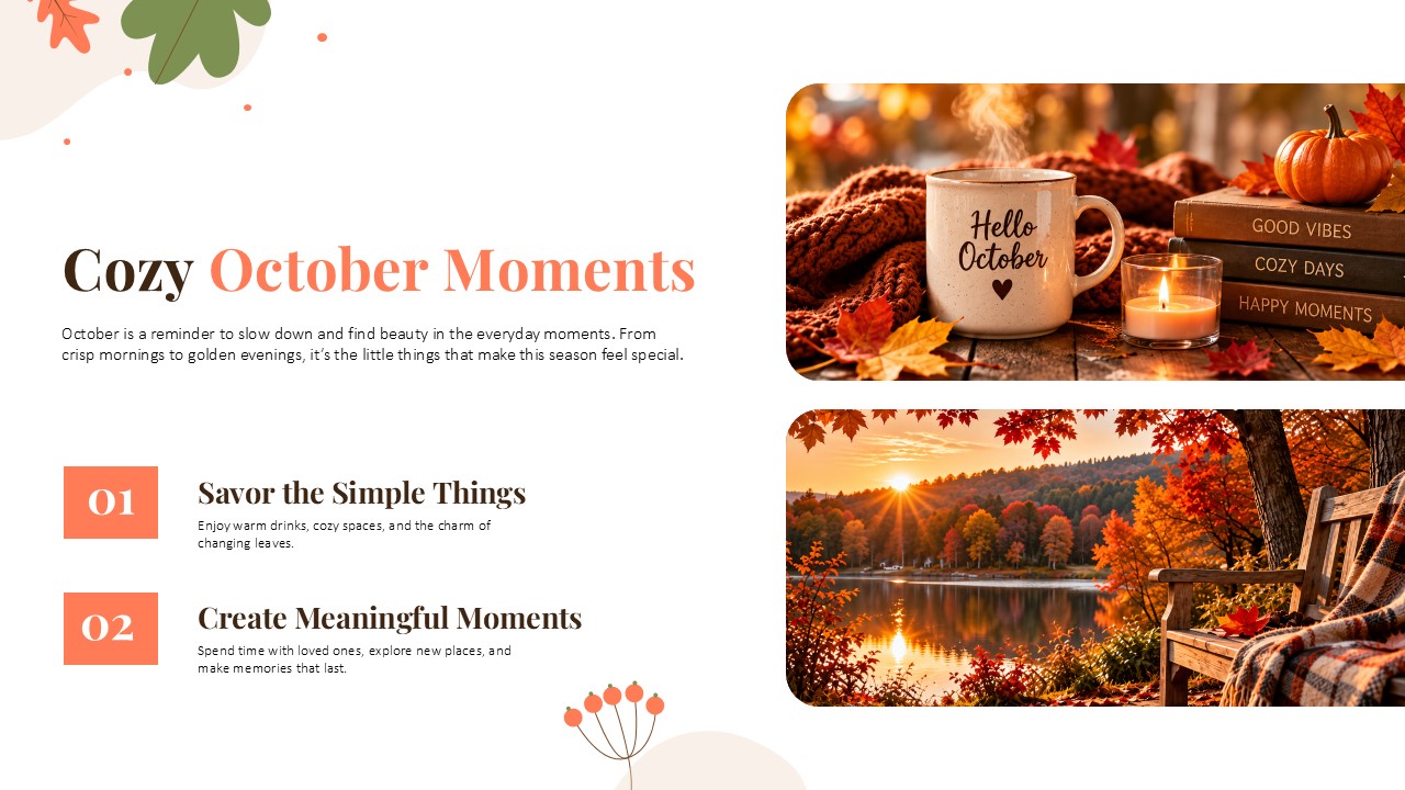 Hello October Favourites Template - Gallery-style slide with three autumn photos and cozy seasonal highlights