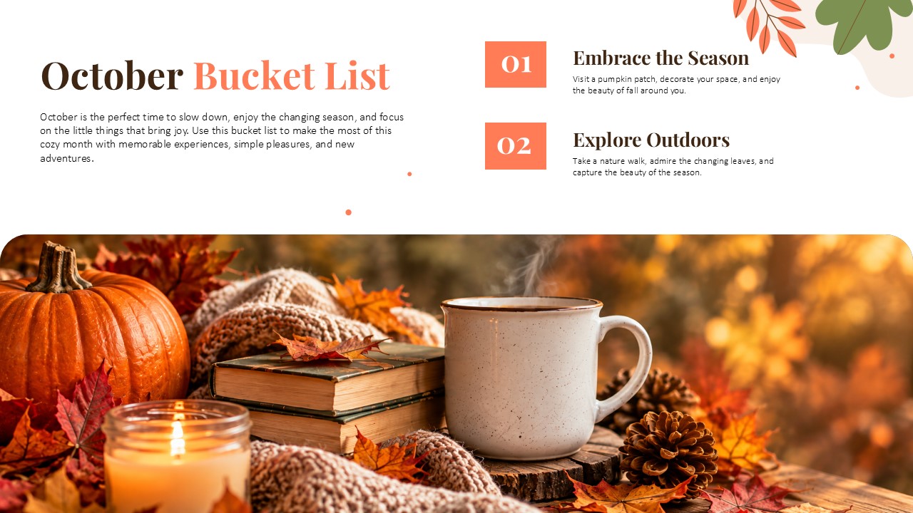 Hello October Goals Template - Four-column monthly goals slide covering personal, work, wellness, and relationships