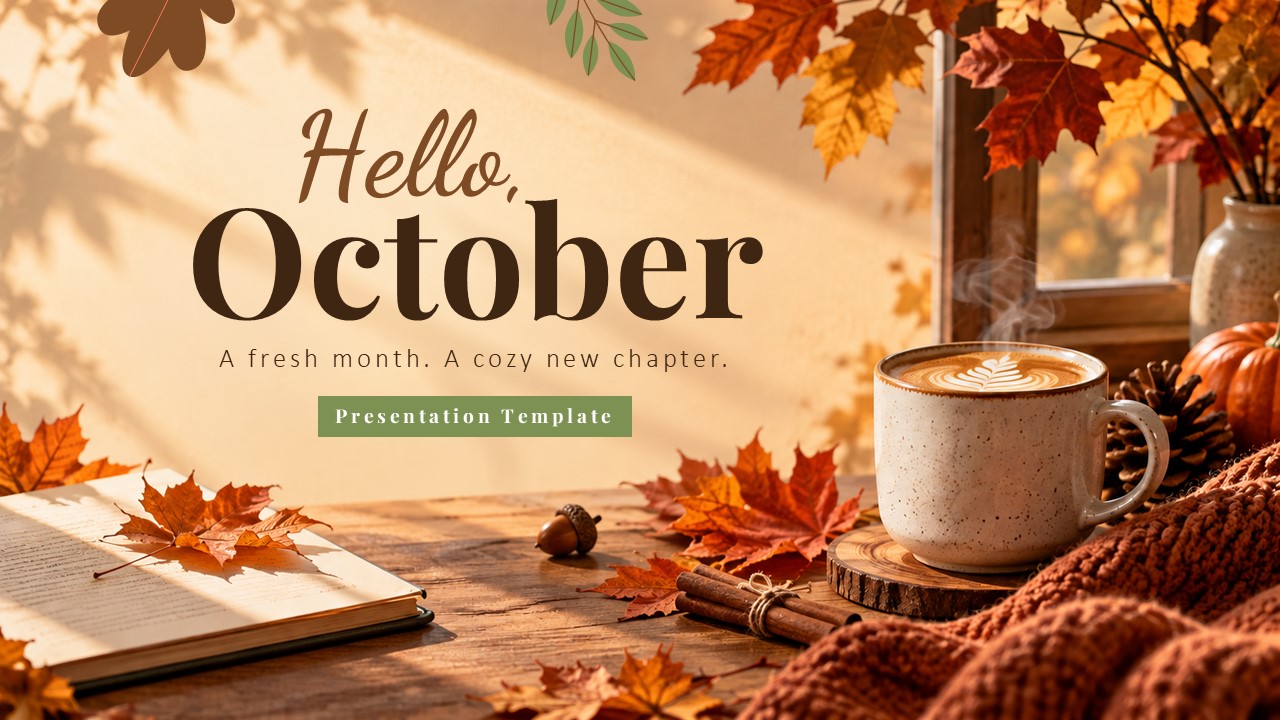 Hello October Google Slides Template - Welcome intro slide with photo collage and autumn lifestyle imagery