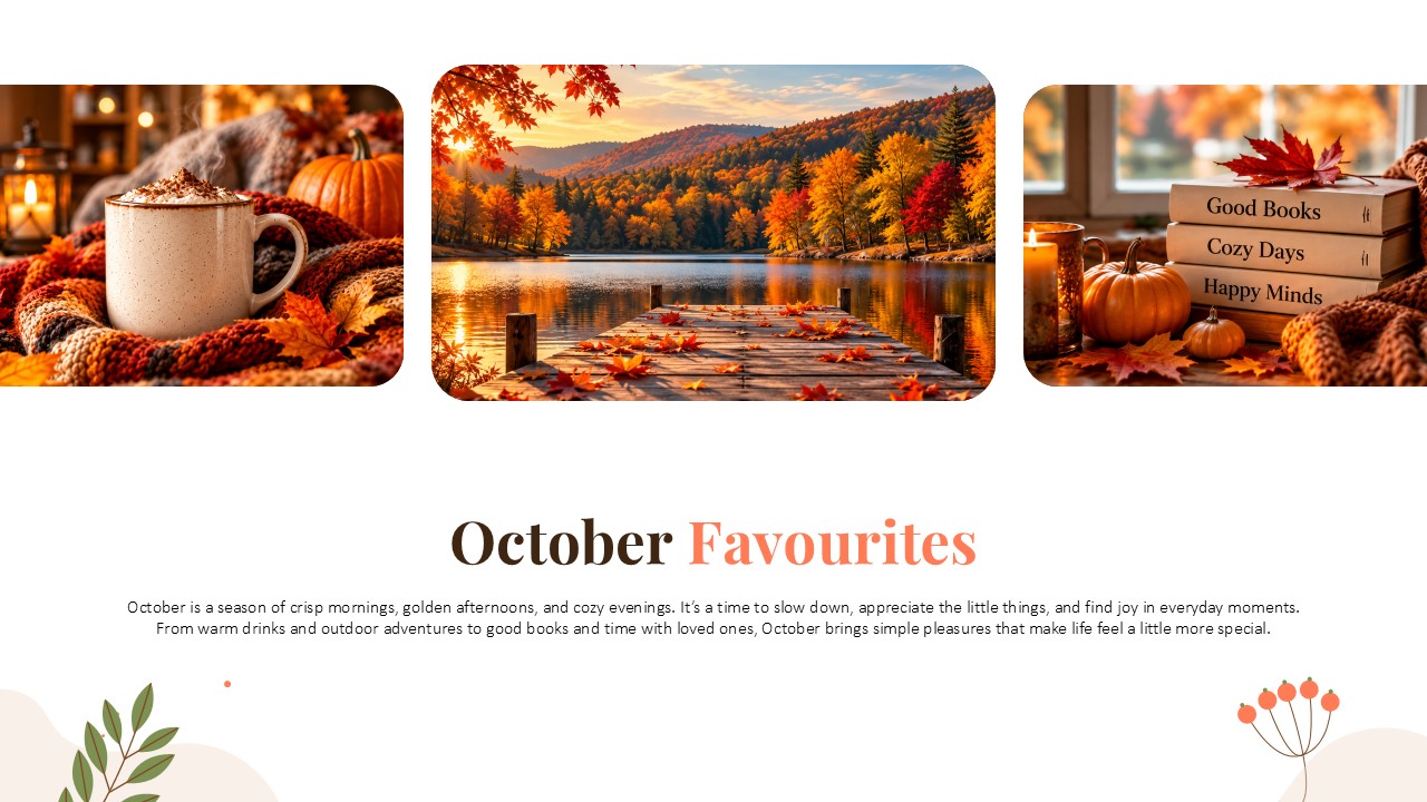 Hello October Inspiration Template - Two-column motivational slide with autumn portrait photos and serif typography