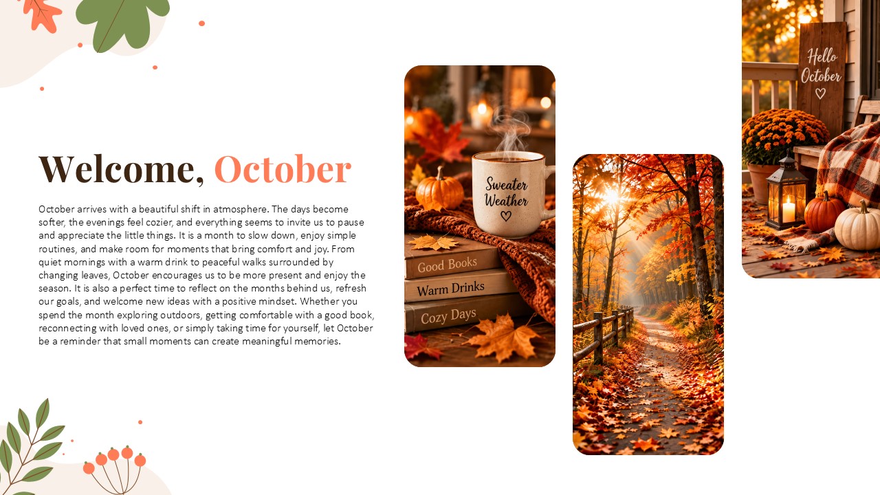 Hello October Mood Board Template - Two-section autumn mood slide with cozy forest and interior photography