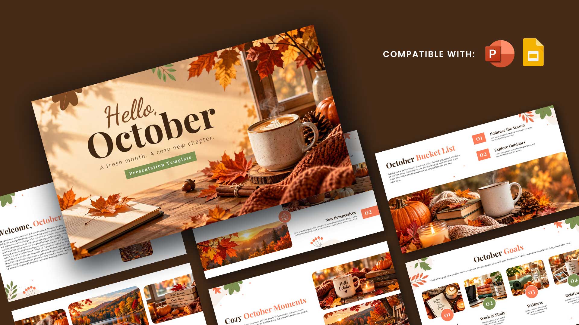 Hello October Template - Autumn cover slide with cozy latte, fall leaves, and bold seasonal typography