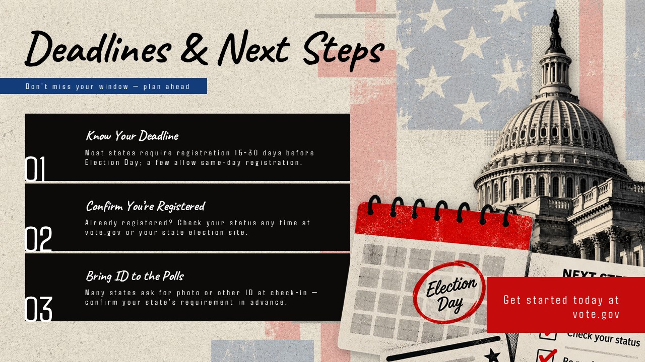 How Do I Register to Vote Template - Closing slide to share deadlines and drive action at vote.gov