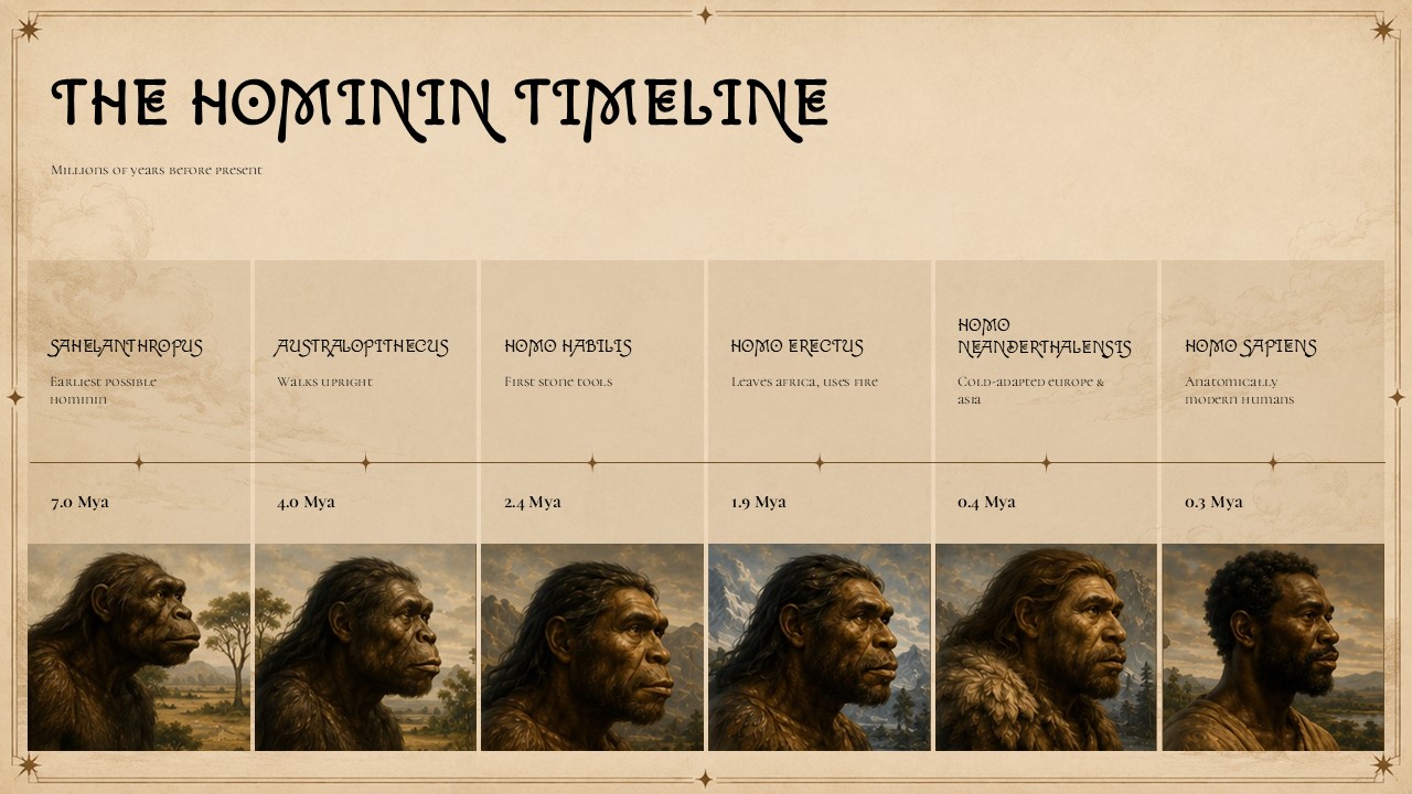 Human Evolution Template - dark two-panel slide comparing bipedalism stats and brain size data from 450cc to 1,350cc