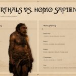 Human Evolution Template - research slide with Jomon DNA study stats, three genomic finding columns, and vintage engraving-style icons