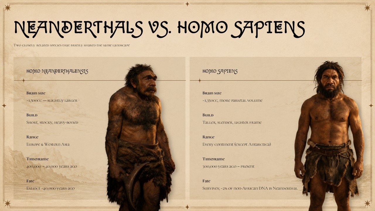 Human Evolution Template - research slide with Jomon DNA study stats, three genomic finding columns, and vintage engraving-style icons
