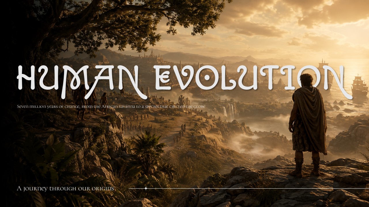Human Evolution Template - parchment intro slide with icon list, Dobzhansky quote, and March of Progress silhouette illustration