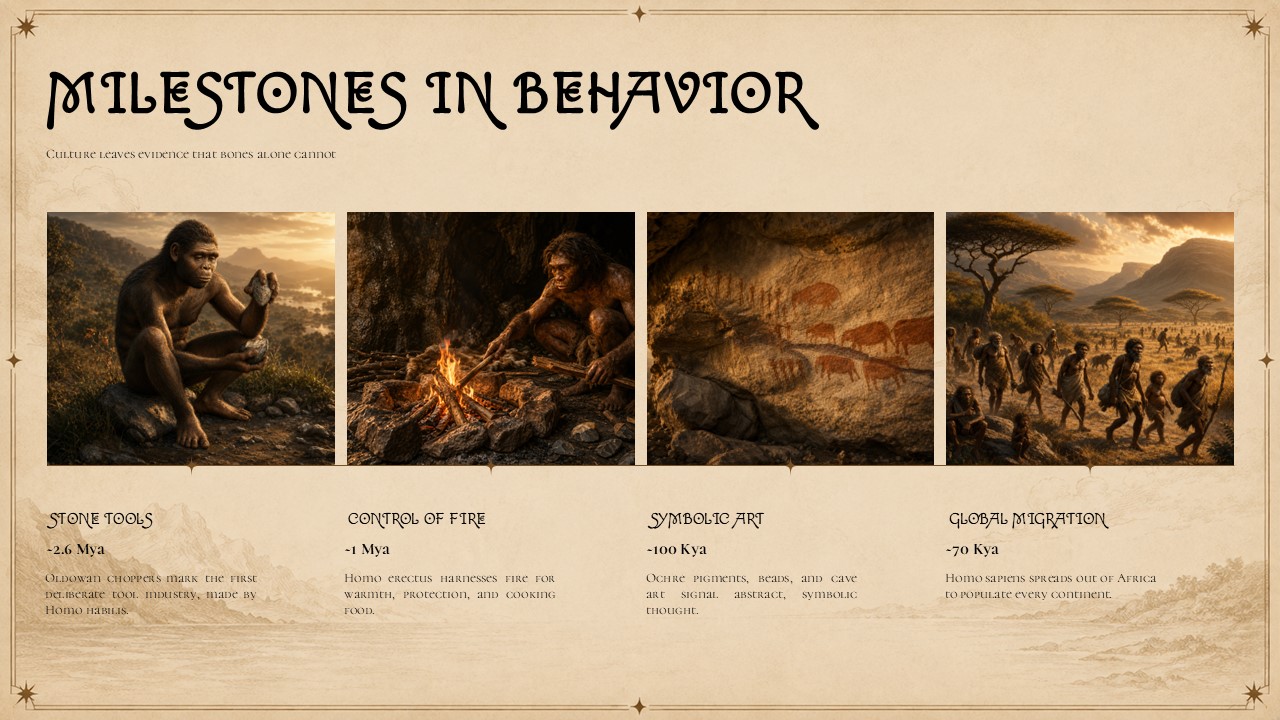 Human Evolution Template - two-panel comparison slide with AI portraits and five data categories for Neanderthals vs. Homo Sapiens