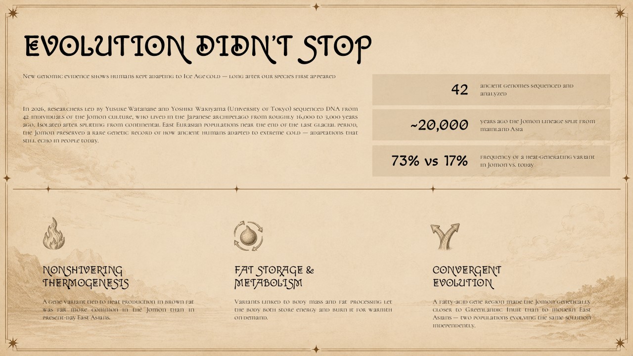 Human Evolution Template - minimalist summary slide with four stat boxes showing 300,000 years, 0.1% DNA, 2% Neanderthal DNA, and 8 billion humans
