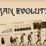 Human Evolution Presentation Template - cinematic cover slide with prehistoric human, golden-amber background, ornate title typography
