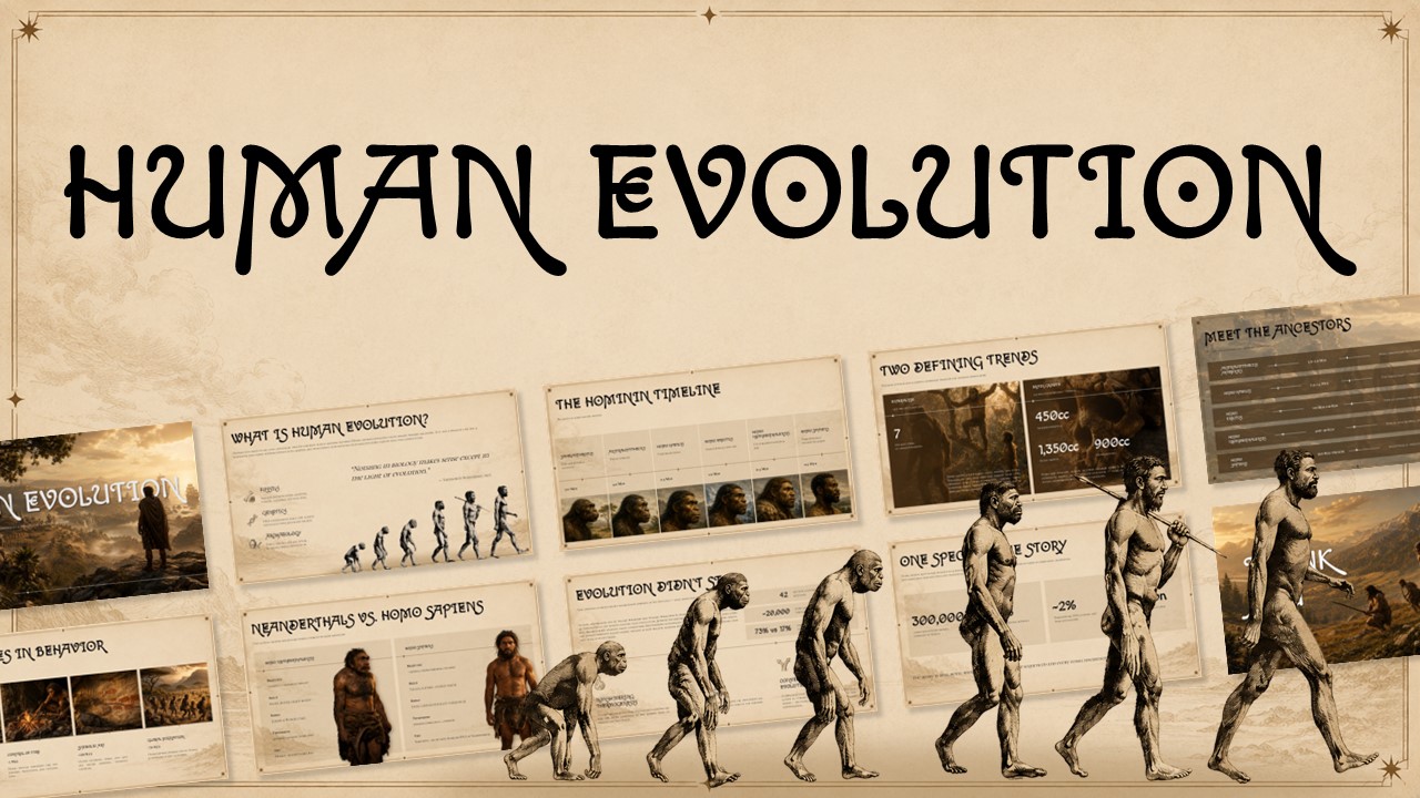 Human Evolution Presentation Template - cinematic cover slide with prehistoric human, golden-amber background, ornate title typography