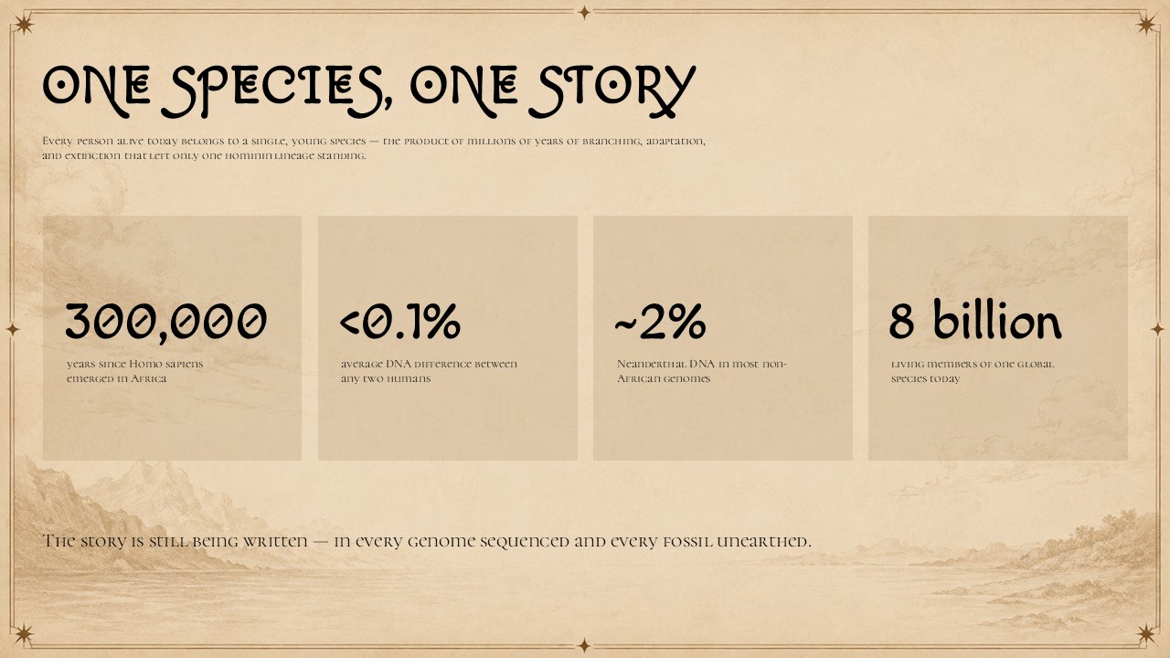 Human Evolution Template - cinematic thank you closing slide with prehistoric hunters in alpine golden-hour landscape and ornate white typography