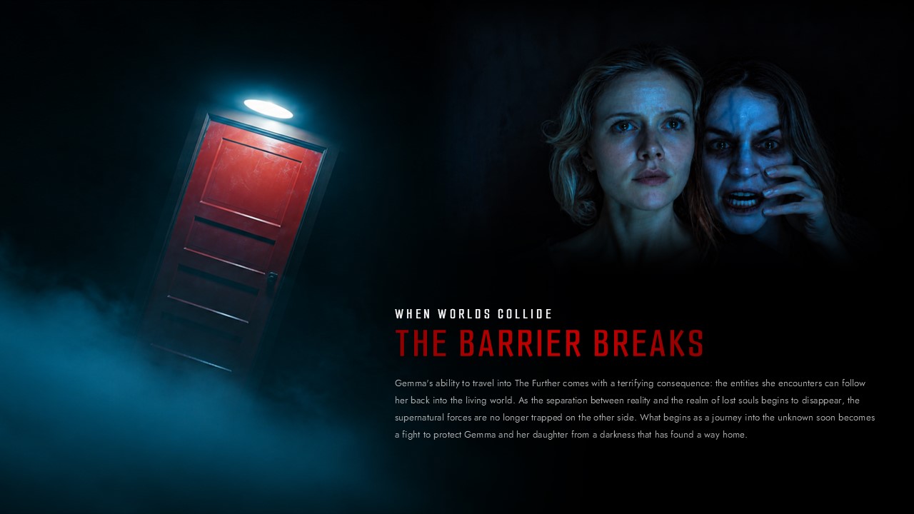 Insidious 6 Thematic Concept Slide - glowing red door, double-exposure faces, and narrative headline with body text