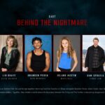 Insidious 6 Cast Slide - six portrait grid with red accent frames, actor names, character credits, and ensemble paragraph