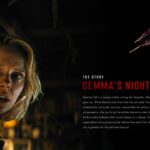 Insidious 6 Character Profile Slide - Gemma Hall bio with red headline, biography text, and dramatic italic taglines