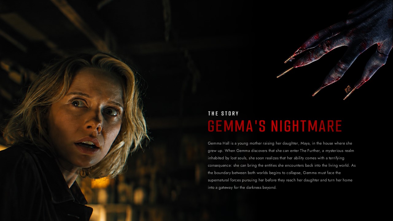 Insidious 6 Character Profile Slide - Gemma Hall bio with red headline, biography text, and dramatic italic taglines