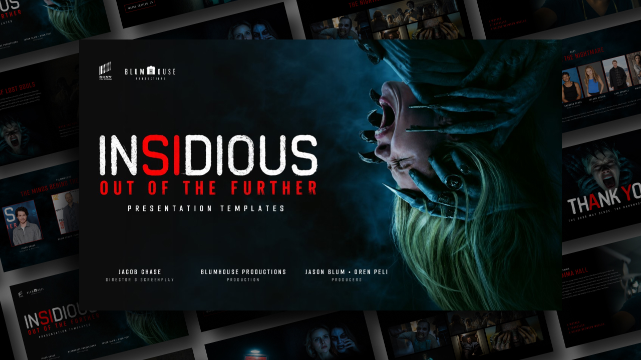 Insidious 6 Google Slides Template - fanned deck preview showing 10 dark cinematic horror presentation slides