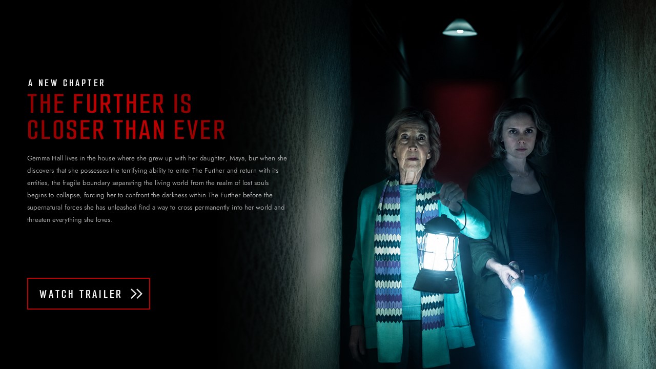 Insidious 6 Synopsis Slide - teal-lit corridor scene with red headline, body text, and Watch Trailer CTA button