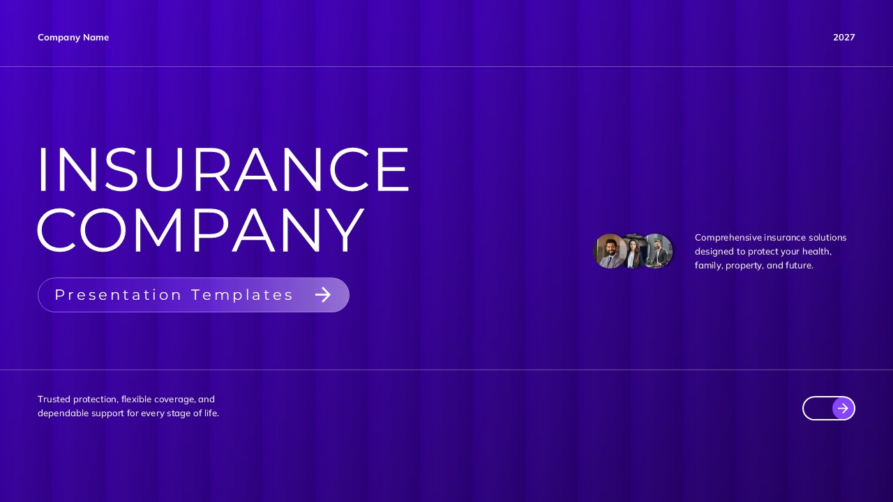 Insurance Company Google Slides Template - split layout with building photo, about us text, and three KPI metrics bar