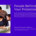 Insurance Company People Slide - royal purple right panel with team heading and expertise subheading beside team photo