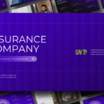 Insurance Company Template - royal purple cover slide with headline, CTA button, profile photos, and footer tagline