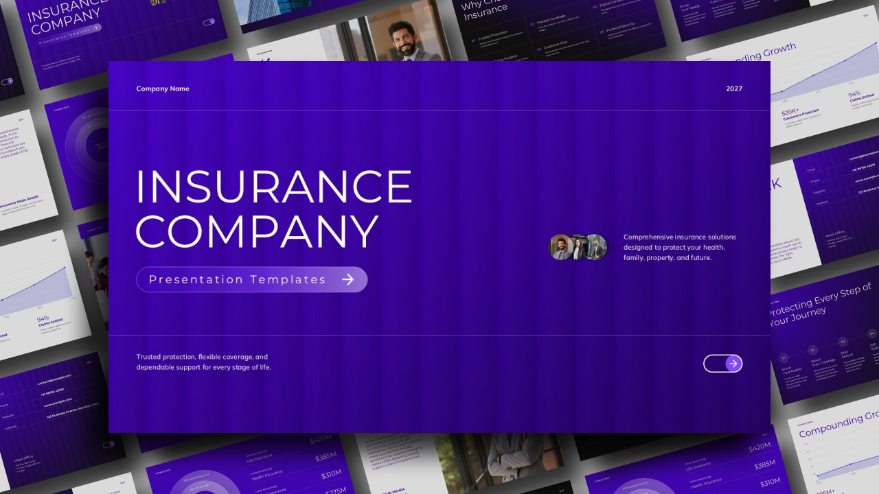Insurance Company Template - royal purple cover slide with headline, CTA button, profile photos, and footer tagline