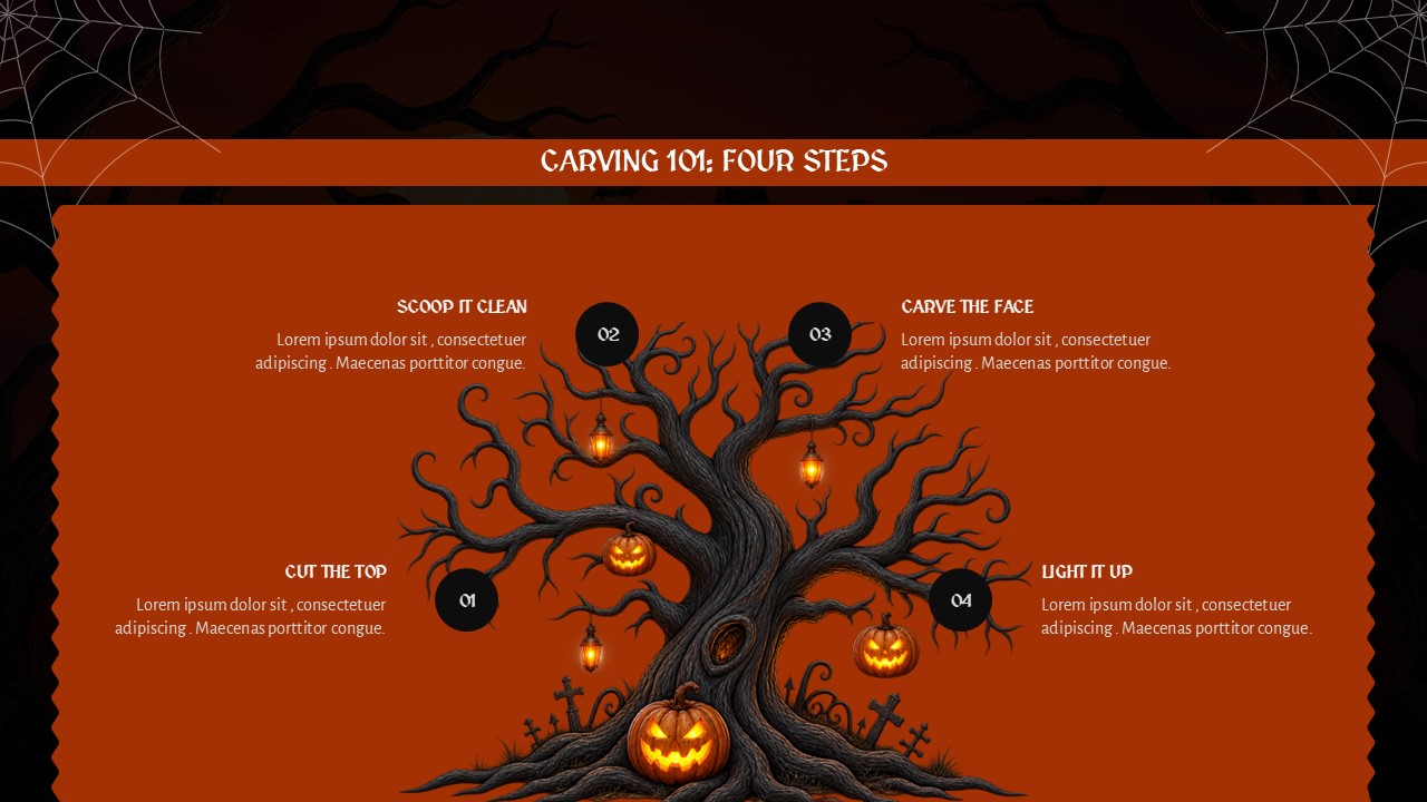 Jack-O-Lanterns Halloween Template - Process slide to guide four pumpkin carving steps