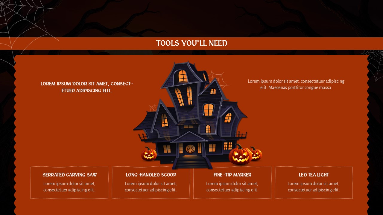Jack-O-Lanterns Halloween Template - Tools slide to list essential pumpkin carving supplies