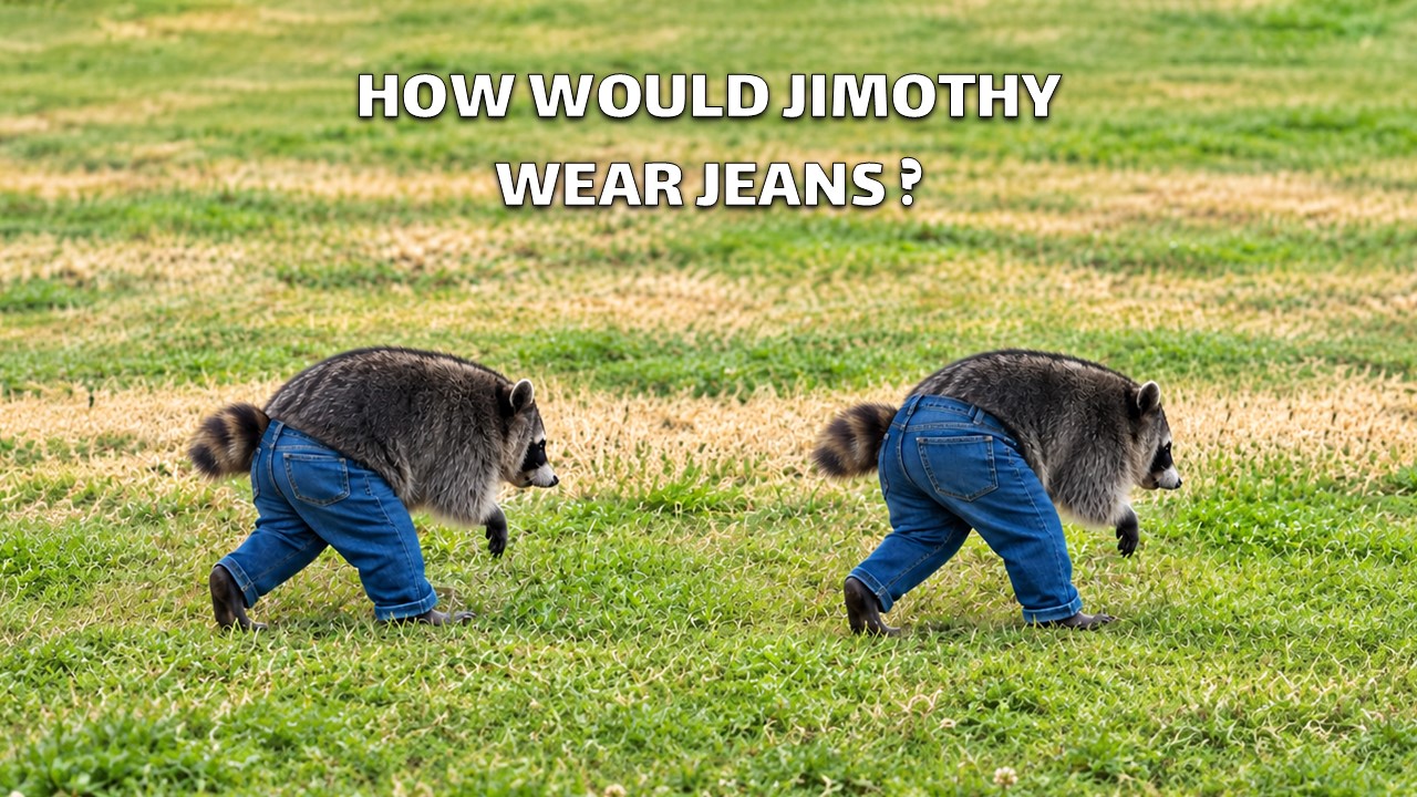 Jimothy The Raccoon Meme Template - Two raccoons in denim jeans walking across a grass field humor slide